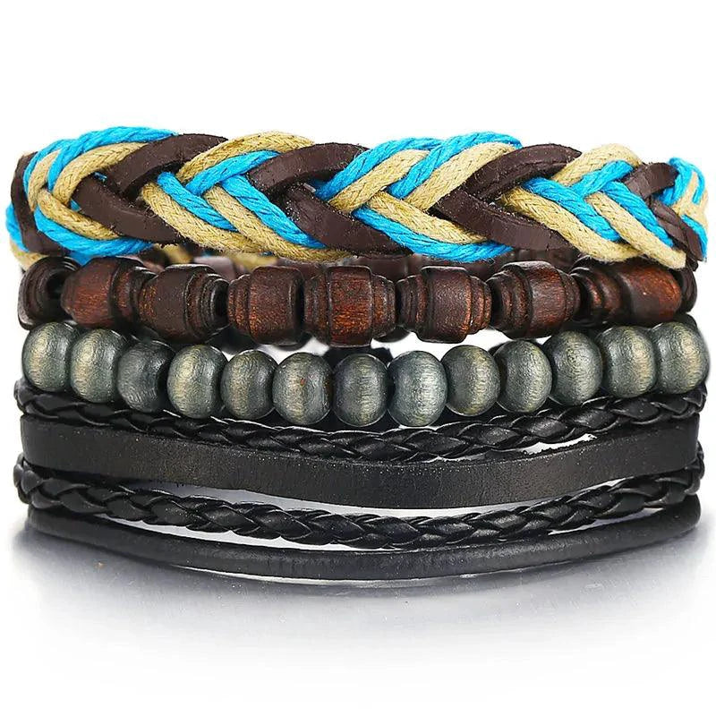 Mandotos layered leather charm bracelet with multiple leather strands and metal charms on a neutral background.