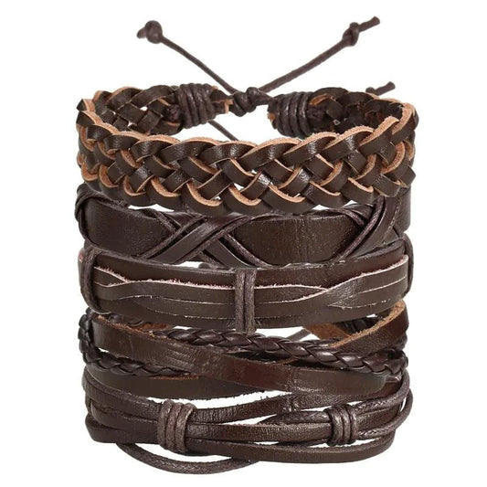 Layered leather charm bracelet by MANDOTOS featuring multiple leather strands and decorative metal charms.