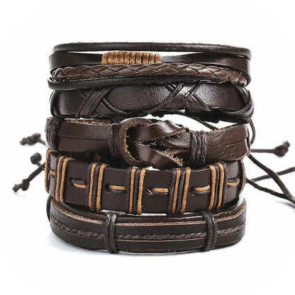 Mandotos layered leather charm bracelet with various metal and leather charms, stylish accessory on a neutral background.