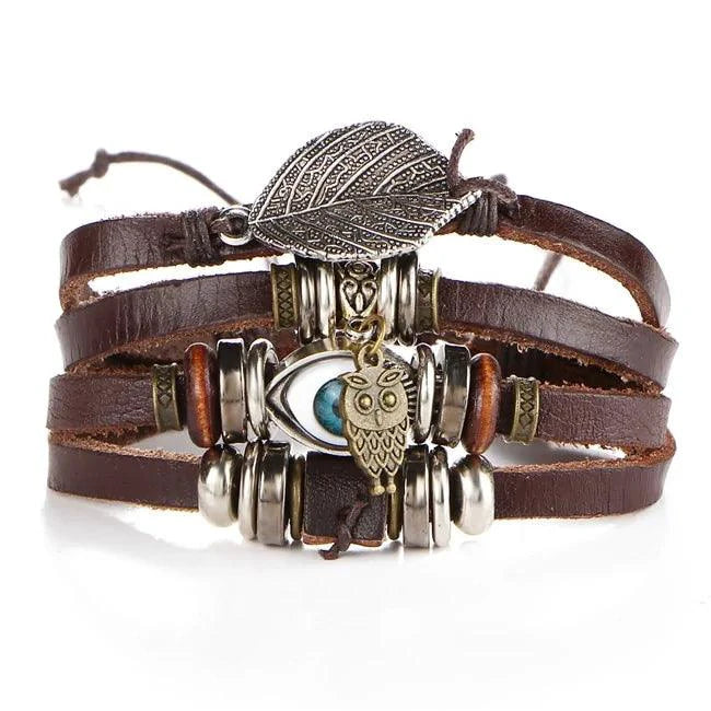 Mandotos layered leather charm bracelet with metal and leather charms, stylish accessory for wrist fashion.