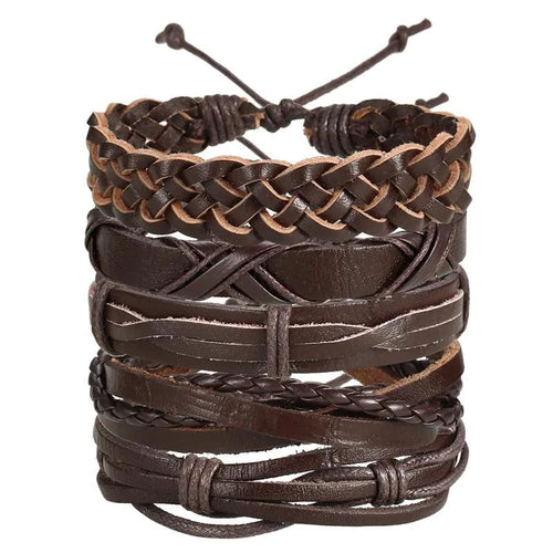 Mandotos layered leather charm bracelet with multiple leather straps and metal charms, stylish and adjustable accessory.