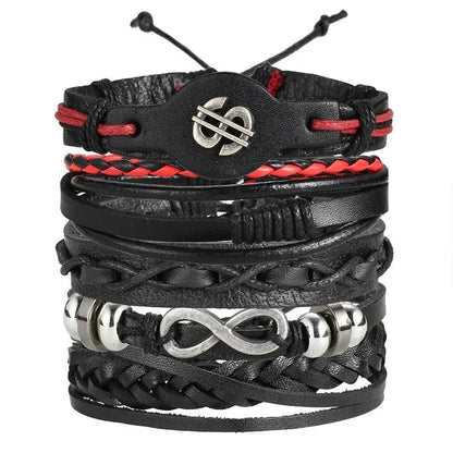 Mandotos layered leather charm bracelet with metal and leather accents, stylish accessory with multiple charms and adjustable strap.