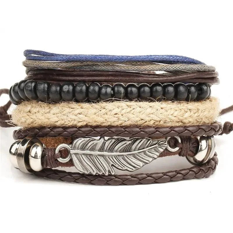 Mandotos layered leather charm bracelet featuring multiple leather strands and metal charms on a neutral background.