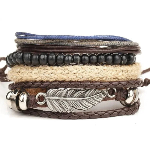 Mandotos layered leather charm bracelet featuring multiple leather strands and metal charms on a neutral background.