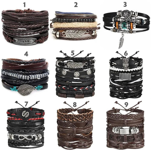 Mandotos layered leather charm bracelet with metal and leather strands, featuring small decorative charms, on a neutral background.