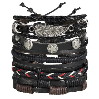 Layered leather charm bracelet by MANDOTOS featuring multiple leather strands and metal charms on a neutral background.