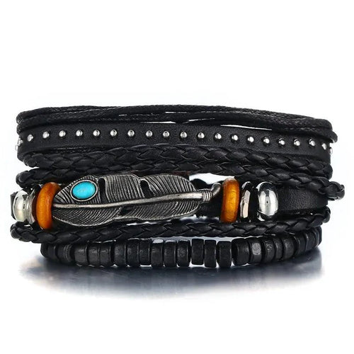 Mandotos layered leather charm bracelet featuring multiple leather strands and decorative metal charms for a stylish accessory.