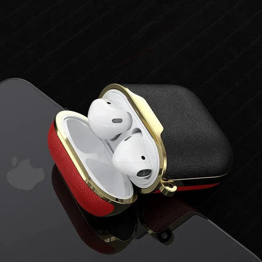 Mandotos leather case for AirPods, black protective cover with smooth finish and secure clasp, designed to keep earbuds safe.
