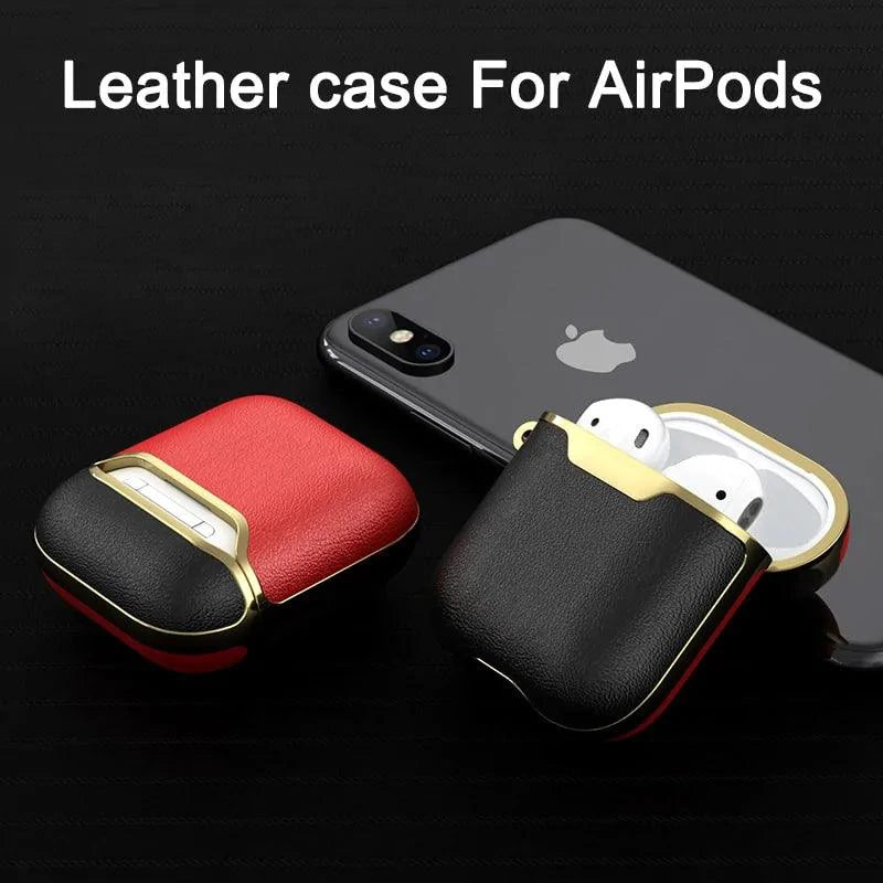 Mandotos leather case for AirPods, protective brown leather cover with precise cutouts, stylish and durable for wireless earbuds.