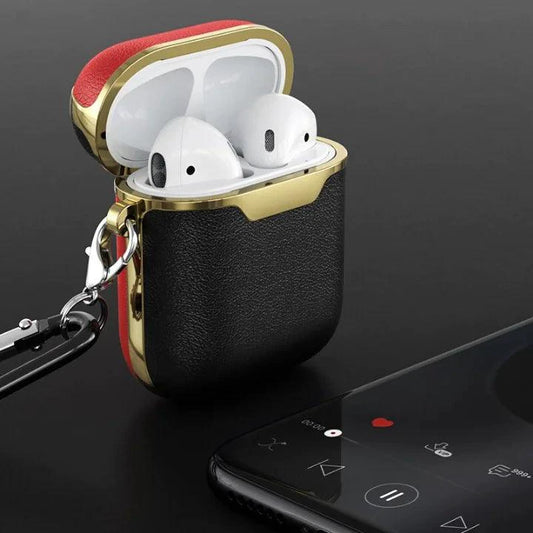 Mandotos leather case for AirPods, protective and stylish accessory in black leather with secure closure.