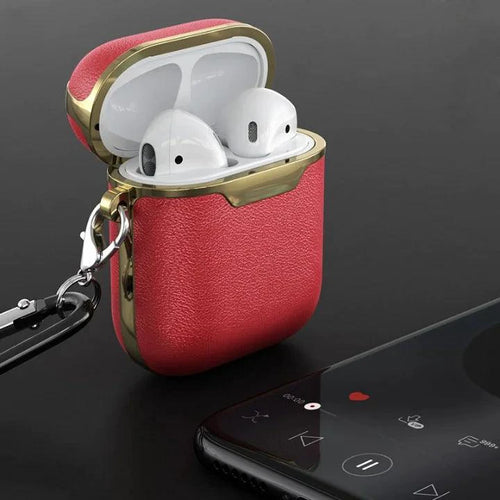 Mandotos leather case for AirPods, black protective cover with precise cutouts, designed to fit and safeguard Apple wireless earbuds.