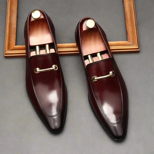 Mandotos men's leather loafers featuring classic slip-on design and sleek brown finish, suitable for casual and formal wear.