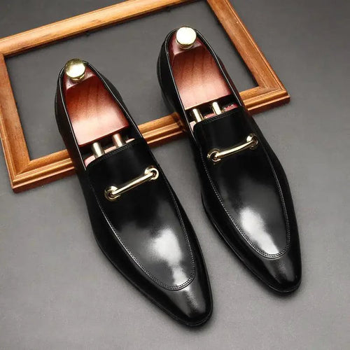 Mandotos men's leather loafers featuring classic slip-on design and sleek brown finish, ideal for casual or formal wear.