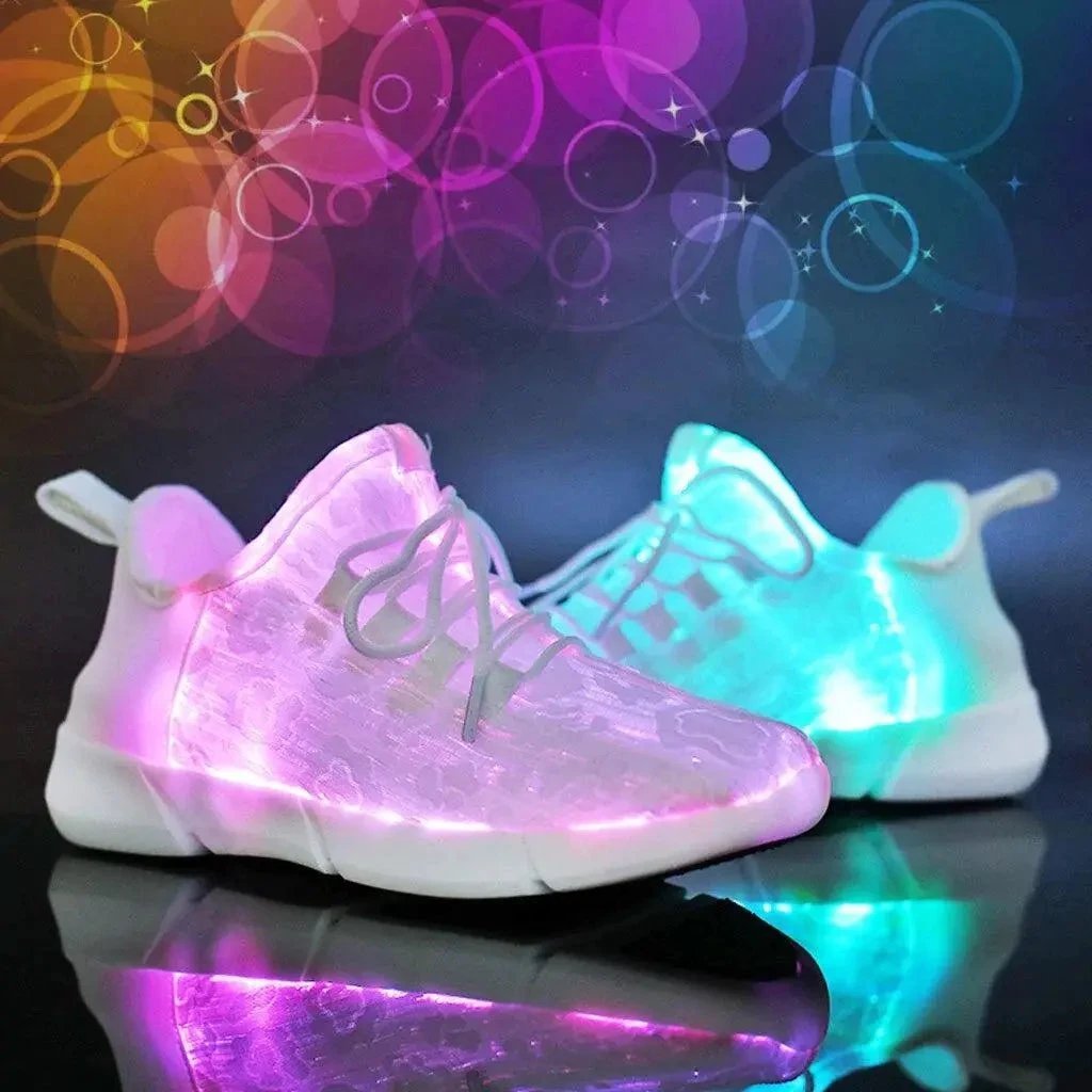 Mandotos LED fiber optic shoes with illuminated soles and colorful light display, showcasing a stylish and modern footwear design.