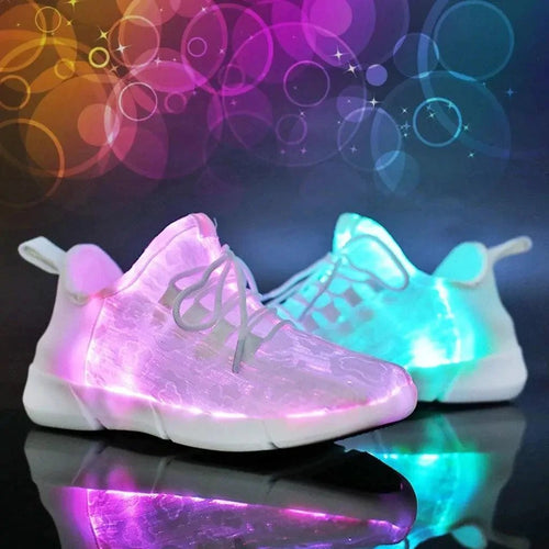 Mandotos LED fiber optic shoes with illuminated soles and colorful light display, showcasing a stylish and modern footwear design.