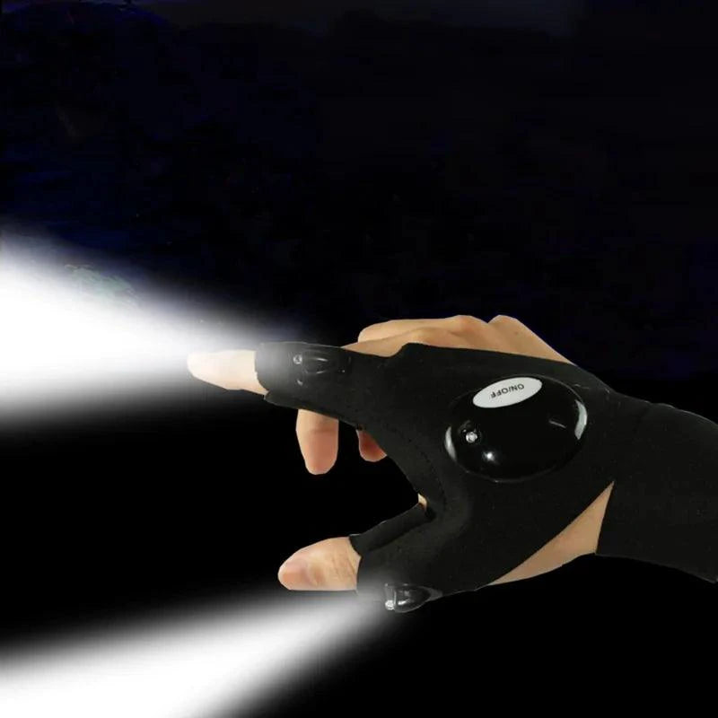 Mandotos LED fingerless adventure glove with built-in light, black fabric, and adjustable wrist strap for outdoor activities.