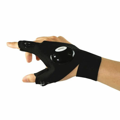Mandotos LED fingerless adventure glove with built-in light, black fabric, and adjustable strap for outdoor activities.