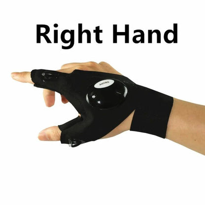 Mandotos LED fingerless adventure glove showing black fabric with built-in LED lights and adjustable wrist strap.
