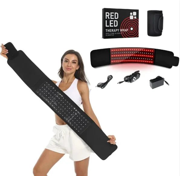 Mandotos LED Infrared Belt Therapy Device showing a black belt with LED lights for pain relief and muscle therapy.
