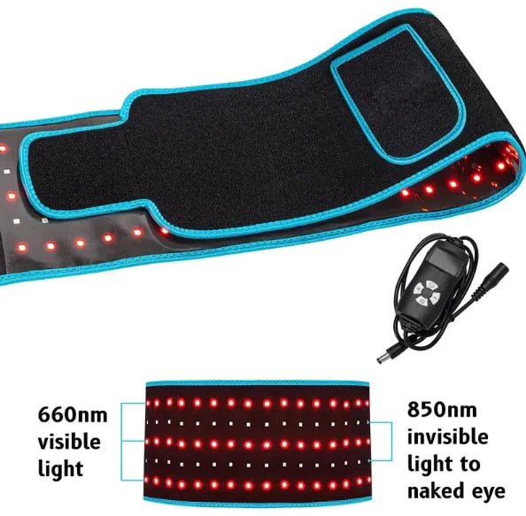 MANDOTOS LED Infrared Belt Therapy Device showing a black belt with LED lights for pain relief and muscle therapy