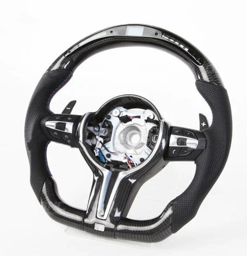Mandotos LED Performance Steering Wheel with illuminated accents, black and silver design, and ergonomic grip for racing and driving enthusiasts.