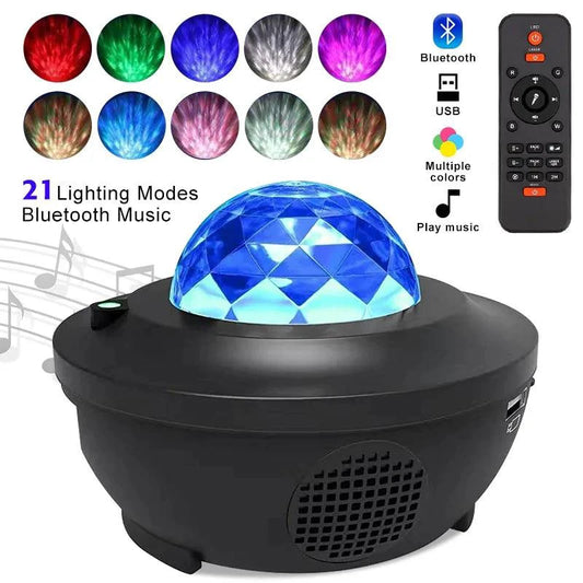 Mandotos LED Star Galaxy Projector Lamp displaying a colorful starry night sky projection on a wall.