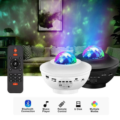 Mandotos LED Star Galaxy Projector Lamp displaying colorful star and galaxy light patterns on a wall.