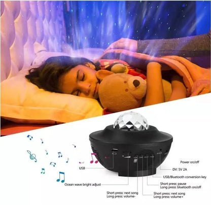 Mandotos LED Star Galaxy Projector Lamp displaying colorful star and galaxy light patterns on a wall.