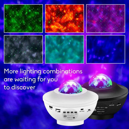 Mandotos LED Star Galaxy Projector Lamp projecting colorful star and galaxy patterns onto a wall in a dark room.