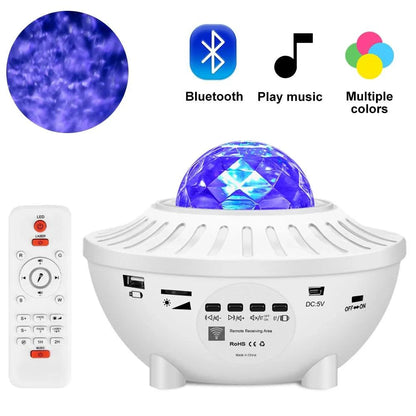 Mandotos LED Star Galaxy Projector Lamp displaying colorful star and galaxy light projections on a wall.