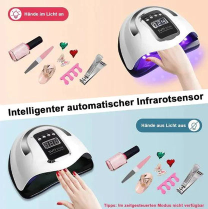 Mandotos LED UV gel nail curing lamp with digital display and adjustable settings for professional nail art application