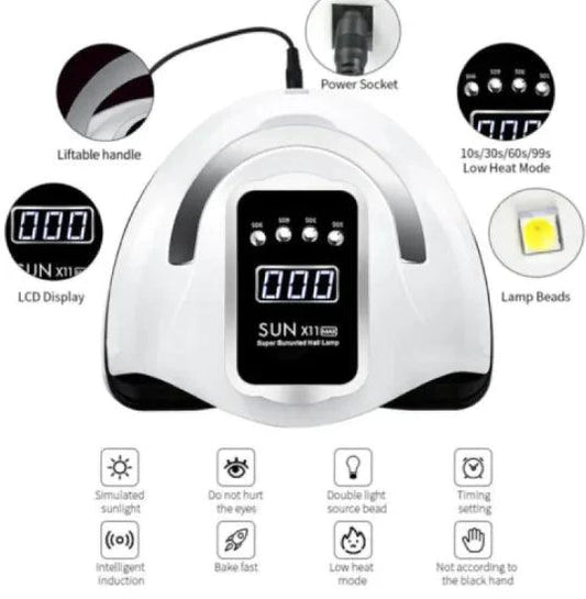 Mandotos LED UV gel nail curing lamp with digital display and multiple curing settings for professional nail art and gel application.