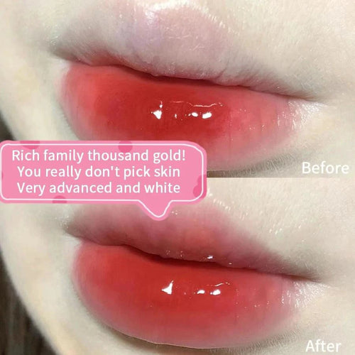 Mandotos long-lasting lip gloss with moisturizing, waterproof formula and mirror finish, shown on lips with smooth, shiny appearance.