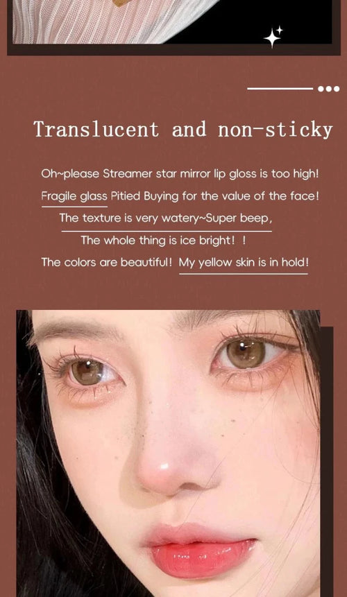 Mandotos long-lasting lip gloss with moisturizing, waterproof formula and mirror finish, shown on lips for a glossy look.