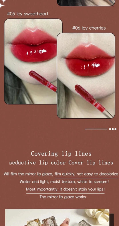 Mandotos long-lasting lip gloss with moisturizing, waterproof formula and mirror-like finish on smooth lips.