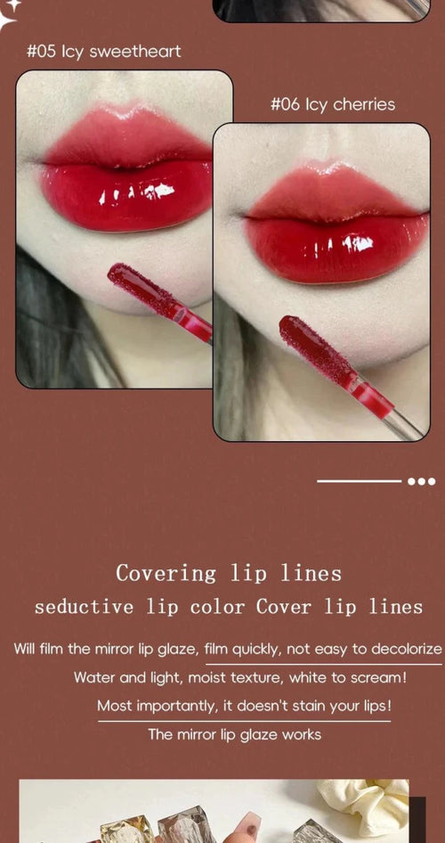Mandotos long-lasting lip gloss with moisturizing, waterproof formula and mirror-like finish on smooth lips.