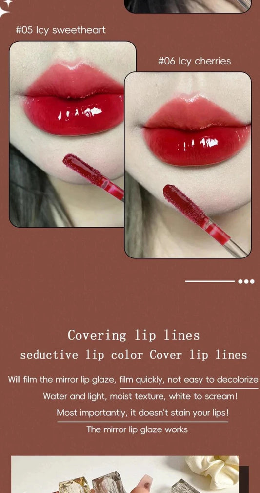 Mandotos long-lasting lip gloss with moisturizing, waterproof formula and mirror-like finish on smooth lips.