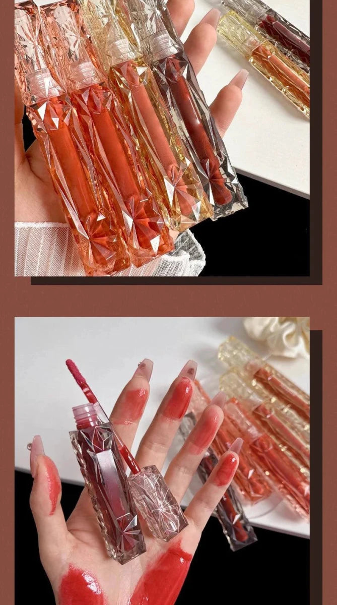 Mandotos long-lasting lip gloss with moisturizing, waterproof formula and mirror-like finish, applied on lips for a glossy look.