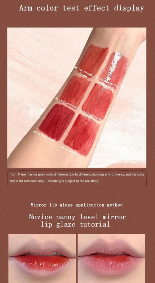 Mandotos long-lasting lip gloss with moisturizing, waterproof formula and mirror finish, applied on lips for a shiny look.