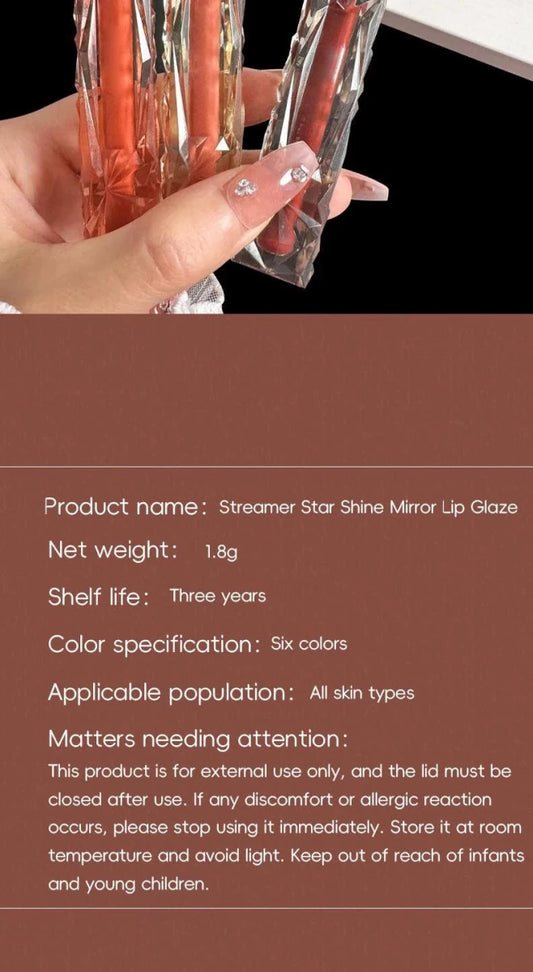 Mandotos long-lasting moisturizing lip gloss with waterproof, mirror finish in a sleek tube, showcasing a shiny, glossy lip look.
