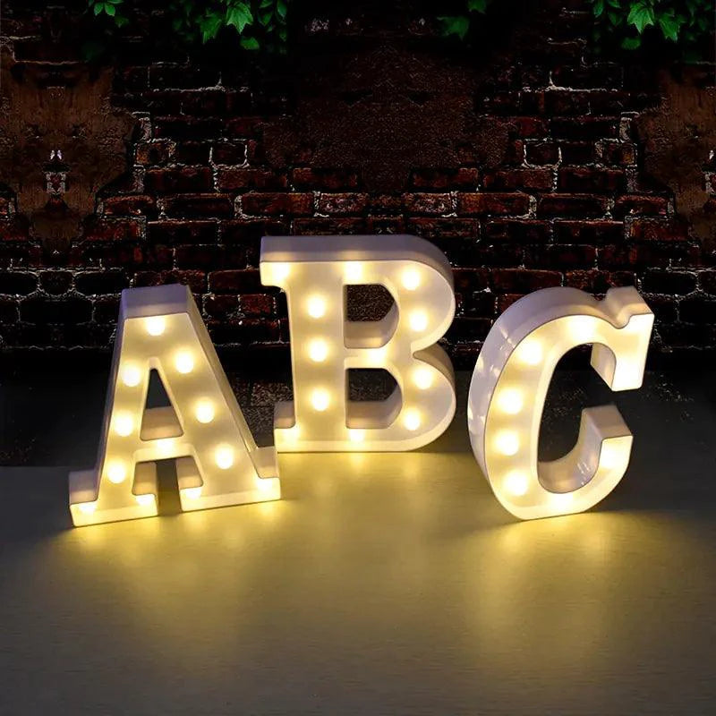 Mandotos luminous letter lights spelling out words, featuring glowing LED letters for decorative home or room lighting.