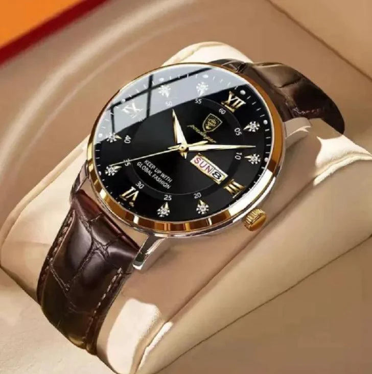 Mandotos luminous men's waterproof dual calendar watch showing time and date on a black dial with luminous hands.