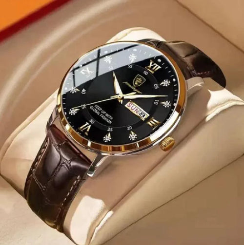 Mandotos luminous men's waterproof dual calendar watch showing time and date on a black dial with luminous hands.