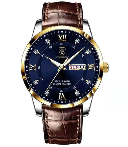 Mandotos luminous men's waterproof dual calendar watch with black strap and silver dial, displaying day and date.