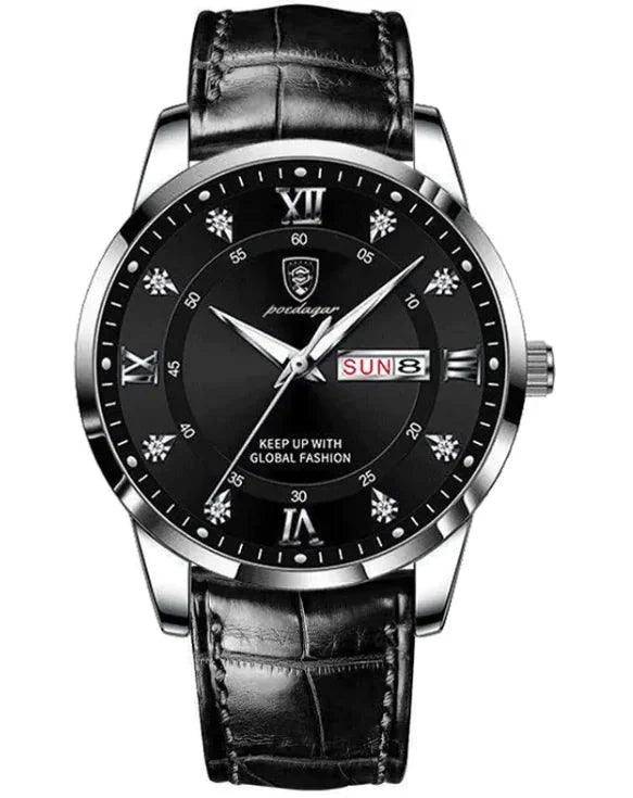 Luminous men's waterproof dual calendar watch by MANDOTOS with black strap and illuminated dial showing date and time.