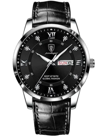 Luminous men's waterproof dual calendar watch by MANDOTOS with black strap and illuminated dial showing date and time.