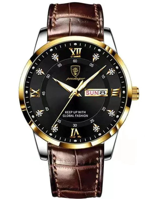Luminous men's waterproof dual calendar watch by MANDOTOS showing time and date on a black dial with luminous hands.