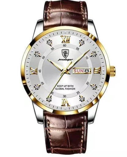 Mandotos luminous men's waterproof dual calendar watch showing time and date on a sleek black dial with luminous hands.