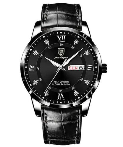 Mandotos luminous men's waterproof dual calendar watch showing time and date on a black dial with luminous hands.
