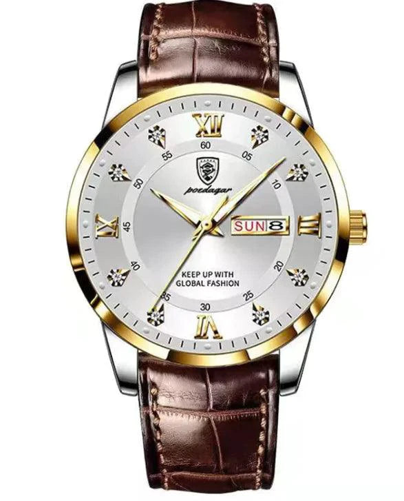 Mandotos luminous men's waterproof dual calendar watch showing time and date with glowing dial and stainless steel strap.